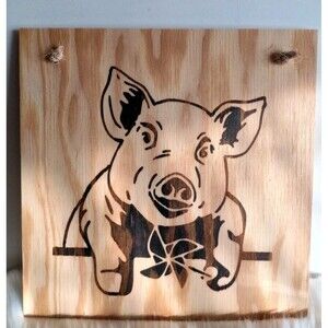 Handmade Pig Home Decor Wood Burnished 12 X 12" Plaque Wall Hanging New